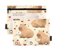Mnsruu Capybara - Astuccio per matite a 3 anelli con cerniera, motivo amore, confezione da 2 astucci con finestra trasparente, astuccio per matite per cosmetici, forniture per ufficio e college