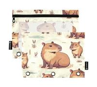 Mnsruu Capybara Friends - Astuccio per matite con 3 anelli con cerniera trasparente, per riporre articoli di cancelleria per scuola e ufficio, confezione da 2, Multicolore, Taglia unica, Beauty Case