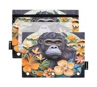 Mnsruu Cartone animato Gorilla Flower 3 anelli raccoglitore matite sacchetti con cerniera finestra trasparente cancelleria borsa per riporre forniture scolastiche e ufficio, confezione da 2,