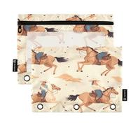 Mnsruu Cowboy Horse Brown 3 raccoglitori ad anelli astuccio con cerniera trasparente finestra cancelleria borsa per riporre forniture scolastiche e ufficio, confezione da 2, Multicolore, Taglia unica,
