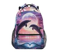 Mnsruu Dolphin with Love Moonlight Zaino per bambini, zaino per la scuola, zaino per la scuola per ragazzi e ragazze, zaino casual, borsa per libri per campus, viaggi e sport