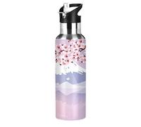 Mnsruu Fuji Giappone Fiore di Ciliegio Borraccia Termica con Cannuccia Sportiva, Bottiglia Acqua in Acciaio Inox Isolato 600ML Senza BPA per Bevande Calde e Fredde per Bambini Scuola