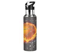 Mnsruu Fuoco Spazio Basket Nero Borraccia Termica con Cannuccia Sportiva, Bottiglia Acqua in Acciaio Inox Isolato 600ML Senza BPA per Bevande Calde e Fredde per Bambini Scuola