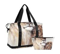Mnsruu Grande borsa da viaggio per la notte, borsa da viaggio con scomparto per scarpe e tasca bagnata, bella borsa da palestra con dipinto ad aerografo di un leone amorevole borsa da palestra con