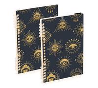 Mnsruu Magical Gold Evil Doodle Eye, quaderno A5 con rilegatura a spirale, per lavoro, scuola, scrittura, diario, a righe, 120 pagine, 15 x 21 cm, confezione da 2