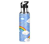 Mnsruu Nuvola Arcobaleno Bambino Carino Borraccia Termica con Cannuccia Sportiva, Bottiglia Acqua in Acciaio Inox Isolato 600ML Senza BPA per Bevande Calde e Fredde per Bambini Scuola