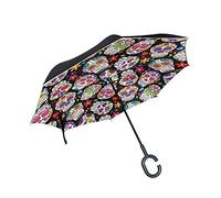 Mnsruu Ombrello invertito/Reversibile, Multicolore con Teschi Pieghevoli, Antivento, Doppio Strato, autoportante, per Donne e Uomini