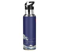 Mnsruu Onda di Surf Giapponese Kanagawa Borraccia Termica con Cannuccia Sportiva, Bottiglia Acqua in Acciaio Inox Isolato 600ML Senza BPA per Bevande Calde e Fredde per Bambini Scuola