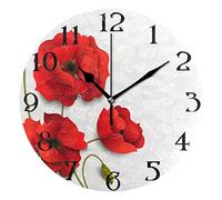 Mnsruu Orologio da parete rotondo con fiori di papavero rosso, silenzioso, non ticchettiante, 25 cm, facile da leggere, orologio decorativo per soggiorno, sala da pranzo, cucina, casa a batteria