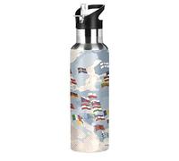 Mnsruu Pace Mappa del Mondo Bandiera Borraccia Termica con Cannuccia Sportiva, Bottiglia Acqua in Acciaio Inox Isolato 600ML Senza BPA per Bevande Calde e Fredde per Bambini Scuola