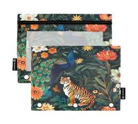 Mnsruu Peacock and Tiger - Astuccio per matite con 3 anelli con cerniera trasparente, per riporre articoli di cancelleria per scuola e ufficio, confezione da 2, Multicolore, Taglia unica, Beauty Case