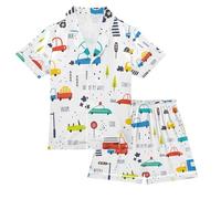 Mnsruu Pigiama estivo per bambini, in raso, con bottoni, maglietta a maniche corte + pantaloncini, abbigliamento da casa, set da notte per bambini, Childish Car Street, 10-12 Years