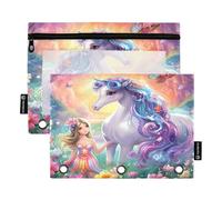 Mnsruu Princess and Unicorn Garden - Astuccio per matite con 3 anelli, con cerniera trasparente, per riporre articoli per la scuola e l'ufficio, confezione da 2, Multicolore, Taglia unica, Beauty Case