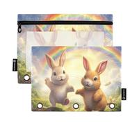 Mnsruu Rainbow Two Rabbit - Astuccio per matite con 3 anelli, con cerniera, finestra trasparente, per riporre articoli per scuola e ufficio, confezione da 2, Multicolore, Taglia unica, Beauty Case
