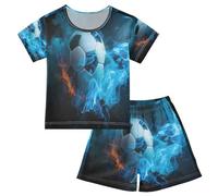 Mnsruu Set pigiama estivo per bambini bianco con calcio nero per bambini a maniche corte in cotone per ragazzi e ragazze, Multicolore, 12 anni
