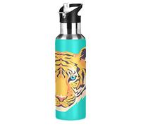 Mnsruu Simpatica Testa di Tigre Borraccia Termica con Cannuccia Sportiva, Bottiglia Acqua in Acciaio Inox Isolato 600ML Senza BPA per Bevande Calde e Fredde per Bambini Scuola