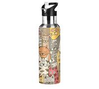 Mnsruu Simpatico Gattino Gatto Borraccia Termica con Cannuccia Sportiva, Bottiglia Acqua in Acciaio Inox Isolato 600ML Senza BPA per Bevande Calde e Fredde per Bambini Scuola
