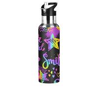 Mnsruu Sorriso Cuore Colorato Stella Nera Borraccia Termica con Cannuccia Sportiva, Bottiglia Acqua in Acciaio Inox Isolato 600ML Senza BPA per Bevande Calde e Fredde per Bambini Scuola