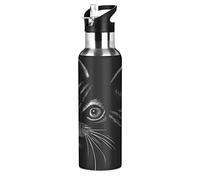 Mnsruu Testa di Gatto Nero Disegnata A Mano Borraccia Termica con Cannuccia Sportiva, Bottiglia Acqua in Acciaio Inox Isolato 600ML Senza BPA per Bevande Calde e Fredde per Bambini Scuola