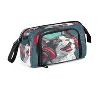Mnsruu Un gatto felice che indossa cuffie cartone animato Art alto dettaglio grande capacità astuccio portapenne astuccio portapenne astuccio cancelleria ufficio organizzatore borsa per ragazzi