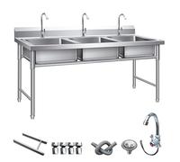 MNUPUOL 145/175Cm Lavello Commerciale A 3 Scomparti in Acciaio Inox Lavello Da Cucina Indipendente Per Ristoranti Con 3 Rubinetti Caldi E Freddi Per Ristoranti, Lavanderie, Ospedali,145 * 50 * 80cm