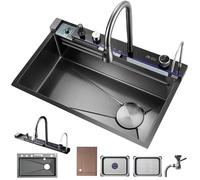 MNUPUOL 304 Lavelli Da Cucina A Una Vasca in Acciaio Inox Lavello A Cascata Doppio Con Rubinetto Estraibile, Lavatazze, Display A LED Nano Black Raindance Waterfall Drop in Sink,68 * 45 * 22cm