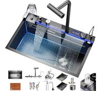 MNUPUOL 68-85 Cm Lavello Da Cucina Con Cascata Lavandino Cucina Multifunzione Lavello Da Incasso,Rubinetto A Cascata A LED, Tagliere Scorrevole E Supporto Per Cellulare,80 * 46 * 22cm