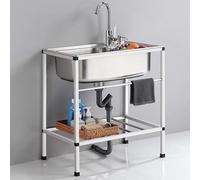MNUPUOL Alto 75 Cm Lavello in Acciaio Inox Freestanding Lavandino Da Esterno Sink Con Rubinetti Per Acqua Calda E Fredda Lavello Commerciale Per Hotel Bar Di Casa Lavanderia,Argento,60 * 45 * 75cm