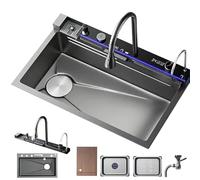MNUPUOL Lavello Da Cucina 304 Inox A Vasca Singola Lavello A Cascata Doppia Con Display A LED, Con Rubinetto A Tazza Estraibile, Erogatore A Cascata Volante,75 * 45 * 22cm