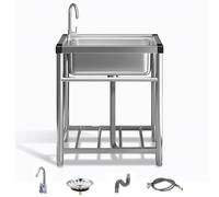 MNUPUOL Lunghezza 18-25 in Lavello Da Cucina Lavello Da Ristorante Commerciale Lavello Da Esterno Mobile Con Rubinetti Per Acqua Calda E Fredda Per Officina, Fattoria, Giardino,Argento,58 * 43 * 75cm