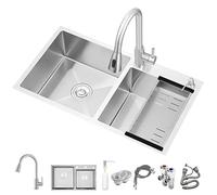 MNUPUOL Lunghezza 65-89 Cm Lavello Da Cucina A 2 Vassoi Lavello Da Incasso,Lavandino in 304 Acciaio Inox Doppia Vasca Con Rubinetti Retrattili Vari Accessori,69 * 37cm