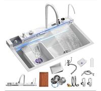 MNUPUOL Lunghezza 68-80 Cm Lavandino Cucina A Cascata Multifunzione in Acciaio Inox 304 Lavandino A Cascata,Da Incasso Con Rubinetto Digitale Multifunzionale,Vari Accessori,80 * 46 * 22cm