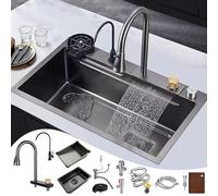 MNUPUOL Lunghezza 68-80 Cm Lavandino Cucina A Cascata Multifunzione,Lavello A Una Vasca in Acciaio Inox 304 Con Rubinetti Retrattili Sciacquatrice A Tazza E 4 Modalità Di Spruzzo,68 * 46 * 22cm