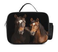 MNVTSKOP Borsa portapranzo riutilizzabile con due cavalli in piedi su sfondo nero, a prova di perdite, con manico, per ufficio, picnic, spiaggia