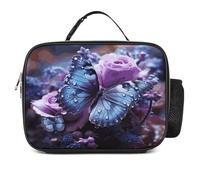 MNVTSKOP Borsa portapranzo riutilizzabile con rose e farfalle, a prova di perdite, con manico, per ufficio, picnic, spiaggia