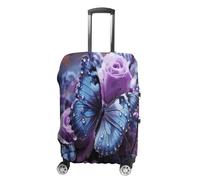 MNVTSKOP Copertura per bagagli con rosa viola e farfalla, resistente ai graffi, lavabile, in poliestere, elastica, protezione per bagagli da viaggio, bianco, L