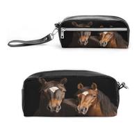 MNVTSKOP Due cavalli in piedi su sfondo nero borsa per il trucco piccola custodia da viaggio cosmetica portatile cancelleria organizzatore per donne insegnante