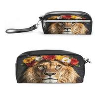 MNVTSKOP Leone africano che indossa un fiore sulla sua testa borsa per il trucco piccola custodia da viaggio per cosmetici portatile organizzatore di cancelleria per donne insegnanti