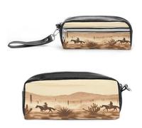 MNVTSKOP West Desert Green with Cowboys Riding Horses - Trousse da viaggio per cosmetici, organizer portatile per cancelleria per donne e insegnanti