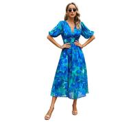 Mo Joc Donna Obliquo Gonna Lunga Vita Alta Manica Lanterna Estate Leggero Ufficio Compatibile, Blu, L