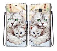 Mo-Somnus Cover per Samsung Galaxy J3 2016, Custodia in PU Pelle Magnetica Libro Flip Caso Antiurto Portafoglio [Supporto Stand] con Porta Carte e Cinturino da Polso Wallet Case (Gatti 2)