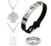 MOAZIFI C R7 Premium Collezione di giocatori quattro pezzi con bracciale regolabile, collana con ciondolo maglia e anello giocatore, regalo durevole per gli appassionati di calcio per ragazzi e
