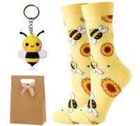 MOAZIFI Divertente set di calzini ape per uomo e donna con portachiavi e borsa calzini con motivo girasole idea regalo per donne uomini giallo api accessorio taglia 35-42 Be Happy
