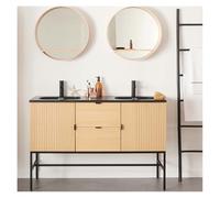 MOB-IN Mobile studio doppio lavabo 140 cm rovere, rubinetti neri e specchi rotondi