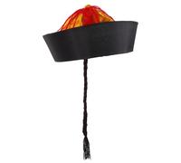 Mobestech Cappello Storico Cinese Qing con Coda di Cavallo Berretto Mandarino Tradizionale Nero per Copricapo Asiatico per Spettacoli Teatrali e Feste in Costume