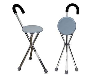 Mobiclinic, Bastone con sedile pieghevole, Gloria, 3 piedi per anziani, Tripode, Da passeggio, Sedia portatile, Alluminio, Fino a 90 kg, Impugnatura ergonomica, Grigio