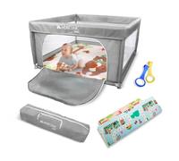 Mobiclinic®kids, Box per bambini + tappeto neonato reversibile, Pieghevole, 125x125cm, Borsa il trasporto, Traspirante, Happyland, Lavabile, Maniglie, Recinto (grigio)