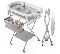 Mobiclinic®, Vaschetta Bagnetto Neonato, con Gambe e Supporto, Altezza Regolabile, Ruote a 360° con Freno, Cuscino Ergonomico, Tubo di Scarico, Cestino e Vassoio, Compatta, Bubba Max