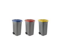 MOBIL PLASTIC S.P.A. Kit 3 bidoni raccolta differenziata 100 lt. Giallo + Blu + Rosso | Tris Pattumiere con ruote incluse | Secchi Spazzatura 100 Lt | Contenitori Rifiuti