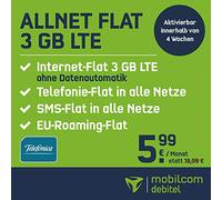 Mobilcom debitel MegaSim Allnet 5 GB in Rete Telefónica (5 GB LTE Internet Flat Max 21,6 MBit/s, Telefono e SMS Flat in Tutte Le reti DT, Piatto UE per Roaming per 5,99 EUR/Mese)